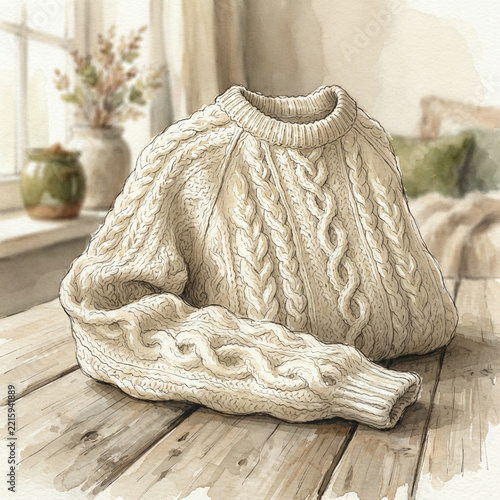 Cream cable knit sweater draped on a weathered table by a window with a green pot of dried plants