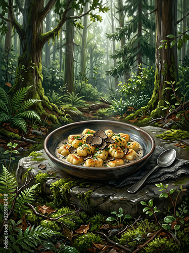 Bowl of gnocchi with shaved black truffles on a mossy stone pedestal in a dense evergreen forest