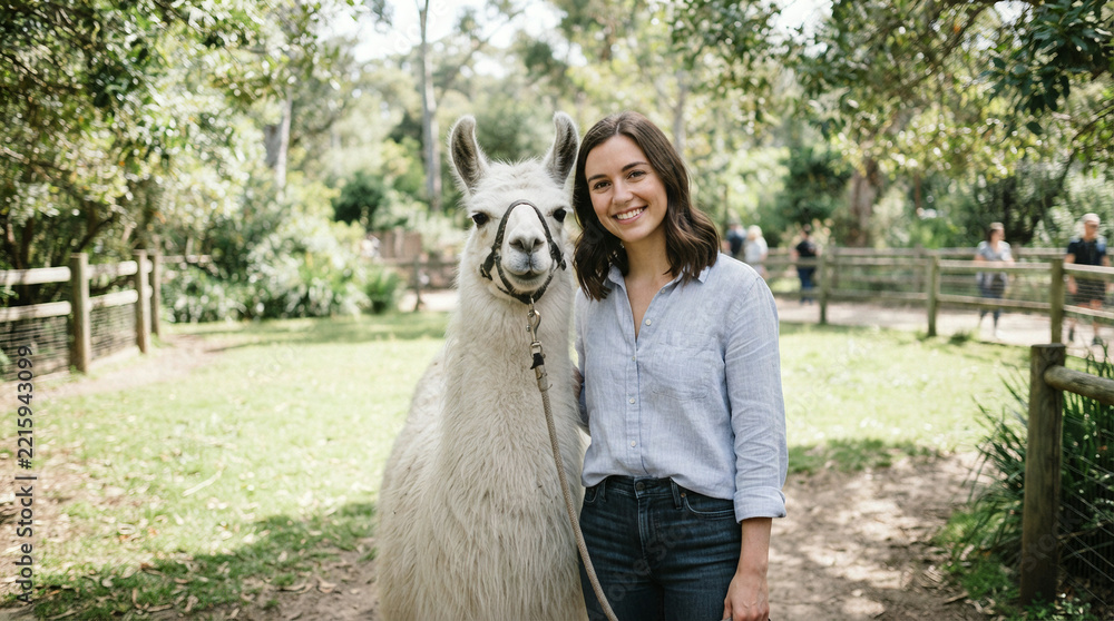 Fototapeta premium Woman standing with a white llama in a grassy fenced enclosure in soft daylight