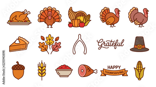 Set of colorful thanksgiving featuring roasted turkey, pumpkin, corn, pie, leaves, acorn, wishbone, and happy thanksgiving text banner