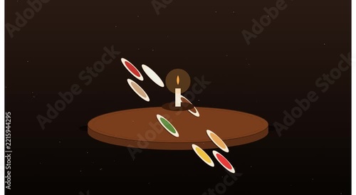 Abstract 3D animation of colorful floating discs orbiting a glowing candle on a dark background motion