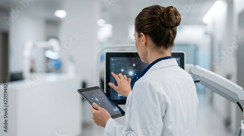 Female doctor using touchscreen medical monitor in clinic