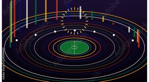 Abstract sports analytics motion dynamic soccer field visualization with data bars and concentric rings