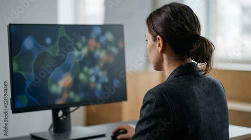 Businesswoman working on desktop computer in modern office space