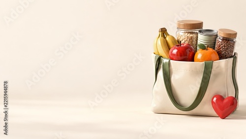 Cream Reusable Tote with Fruit and Pantry Jars on a Soft Ivory Scene