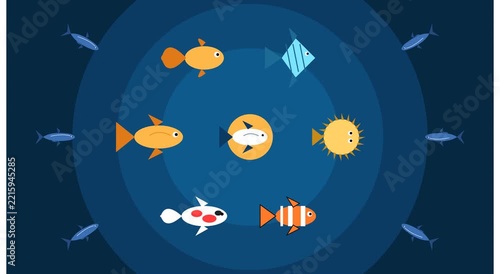 Flat underwater animation with colorful tropical fish swimming in circles, minimalist marine life motion background