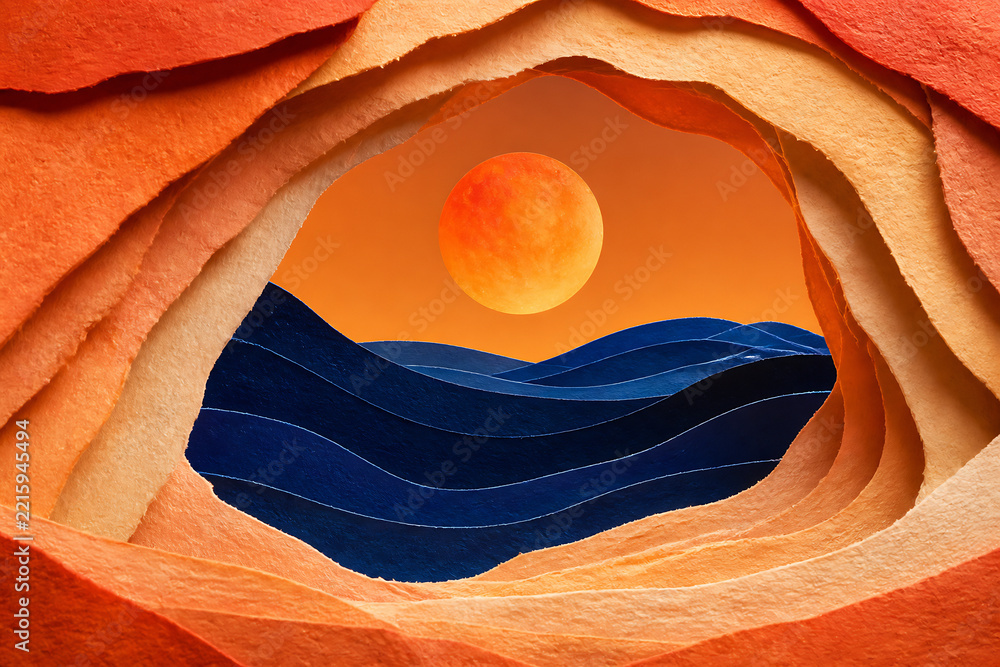 Fototapeta premium A vibrant orange sun rises over deep blue, undulating waves viewed through a narrow, textured canyon opening.