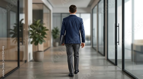 Vector illustration businessman walking through modern office corridor