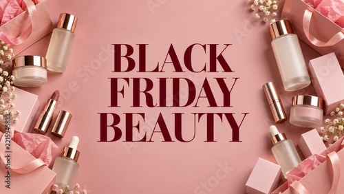 Black Friday Beauty Lettering with Cosmetics and Pink Shopping Bags