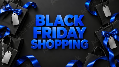 Black Friday Shopping Blue Lettering with Black Bags and Satin Ribbons