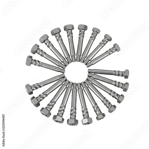 Circular arrangement of industrial metal bolt fasteners with textured spiral shafts fastener industrial hardware engineering construction circular arranged mechanical component assembly