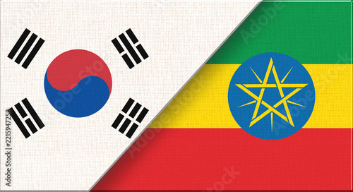 Double flag of South Korea and Ethiopia on fabric texture - 3D illustration