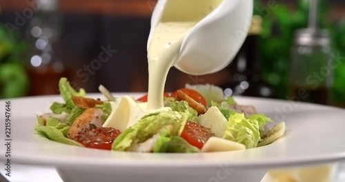 Caesar dressing pouring over fresh caesar salad slow motion 1000 fps