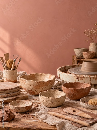 Rustic Pottery Bowls and Sculpting Tools Beside a Clay Spattered Wheel