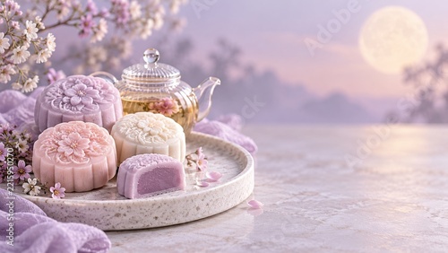 Pastel Floral Mooncakes with Glass Tea and Blossoms on a Lavender Table