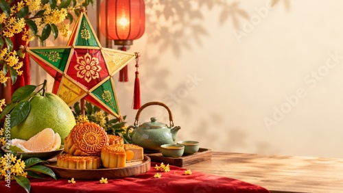 Colorful Star Lantern with Pomelo Mooncakes and Celadon Tea on Red Cloth