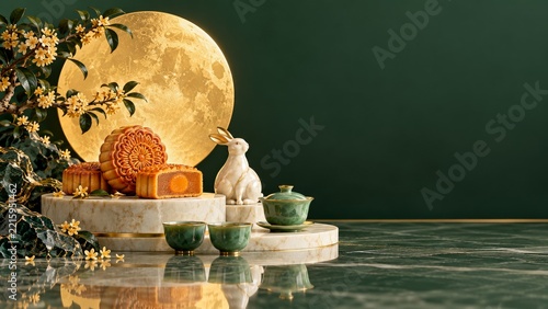 Marble Rabbit and Jade Tea Set with Mooncakes Beneath a Golden Moon