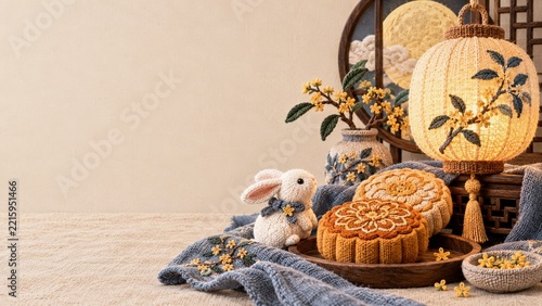 Knitted Rabbit and Yarn Mooncakes Beside an Embroidered Lantern in Cream
