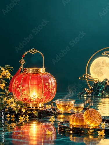Glowing Red Glass Lantern with Amber Mooncakes and Tea on Teal Water