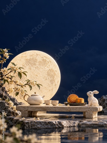 Stone Tea Table with Mooncakes and a Rabbit Before a Giant Moon on Navy
