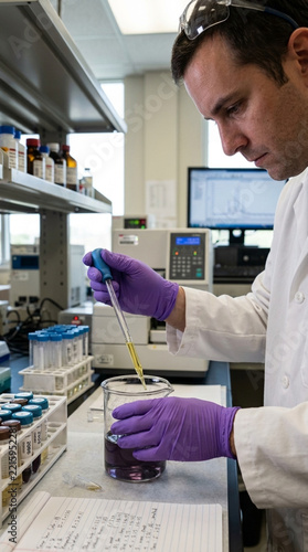 Scientist working in laboratory pipetting liquid into beaker with purple gloves research and development concept