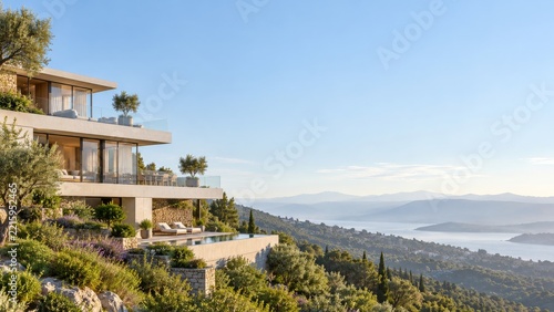 Terraced Concrete and Glass Villa on a Green Hillside above a Blue Bay