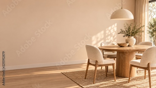 Oak Dining Table with Cream Chairs beneath a White Dome Pendant Lamp