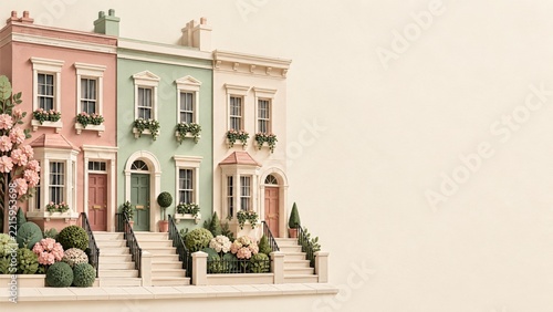 Pastel Paper Townhouses with Flower Boxes and Ornate Entrance Steps
