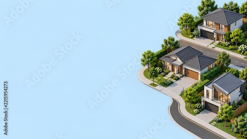 Isometric Suburban Neighborhood with Three Houses and Curving Streets