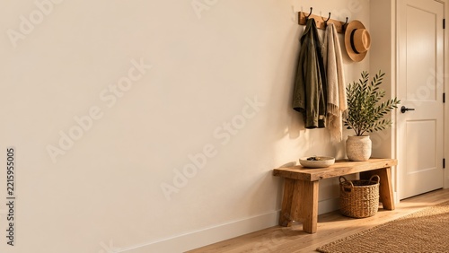 Wooden Entry Hall Bench with Hanging Coats and a Hat beside a Cream Door