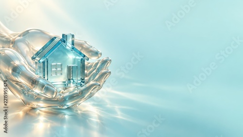 Transparent Glass Hands Cradling a Blue House on a Soft Aqua Background