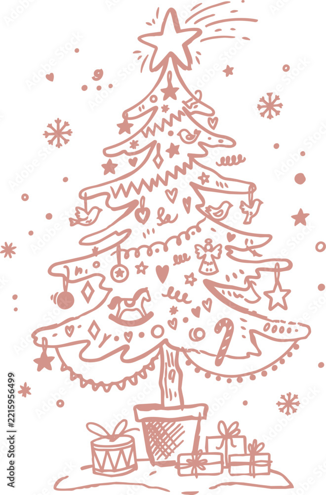 Fototapeta premium Hand drawn christmas tree with gifts ornaments and star pink vector illustration