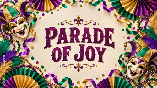 Parade of Joy Lettering with Smiling Jester Masks and Paper Fans