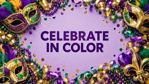 Celebrate in Color Greeting with Glittering Masks on Lavender Background