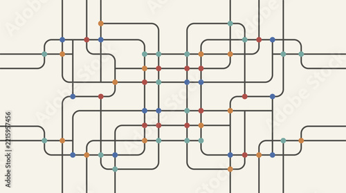 Abstract subway map graphic design with colorful station nodes and route lines.