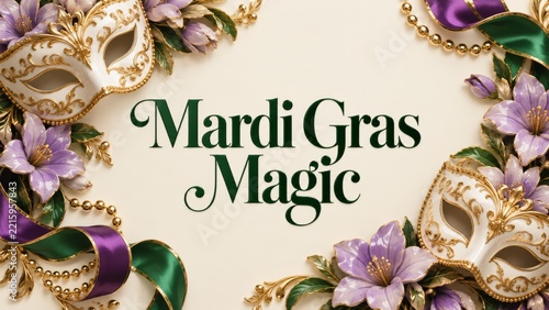 Mardi Gras Magic Lettering with Porcelain Masks and Lavender Flowers