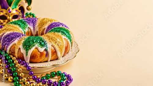Iced Ring King Cake with Carnival Beads and Cream Copy Space