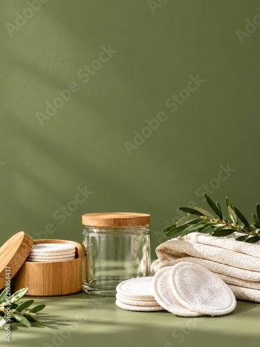 Reusable cotton cleansing pads with wooden storage on sage green