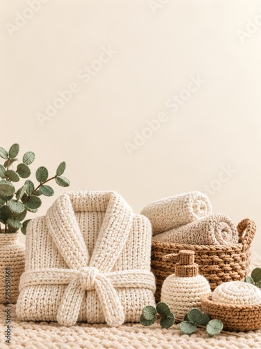 Knitted bathrobe and rolled towels in a basket with spa accessories