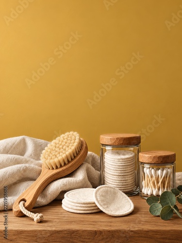 Carved wooden bath brush and jars with cotton pads on warm ochre