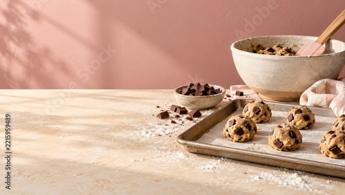 Chocolate cookie dough on a baking tray beside a pink mixing spatula