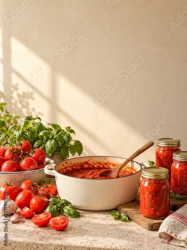 Tomato sauce in a cream enamel pot with glass jars and fresh basil