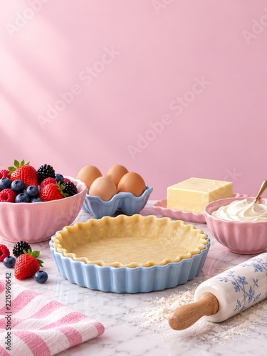 Raw pie crust with berries and baking ingredients against a pink backdrop
