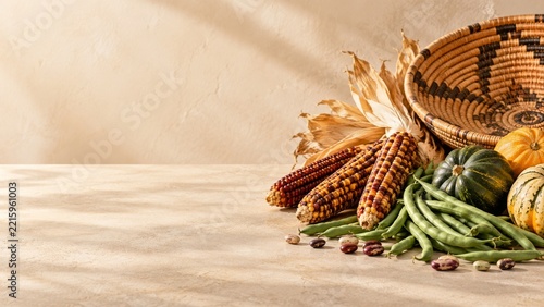Corn Bean Pods and Gourds in a Harvest Arrangement with Cream Copy Space