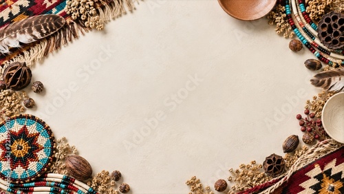 Earthy Woven Textile Border with Feathers and Beads Around an Empty Center