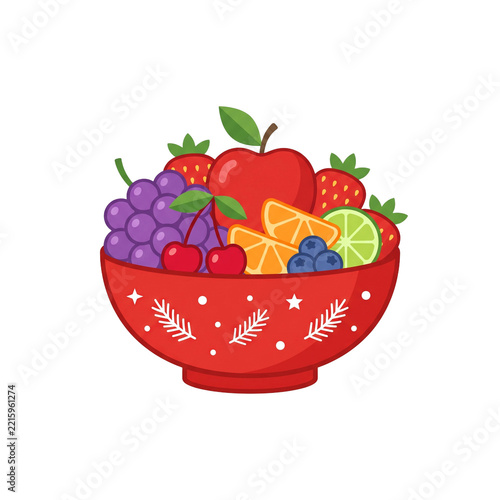 Vibrant Red Bowl Filled With Fresh Assorted Fruits Including Grapes Apple Strawberries Oranges Blueberries Cherries and Lime Slices