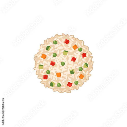 Illustration of a pile of fried rice with peas carrots and bell peppers isolated on white background