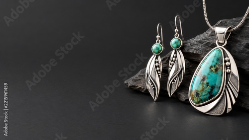 Turquoise Pendant and Silver Feather Earrings with Charcoal Copy Space