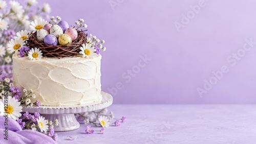 White Easter Cake with a Chocolate Nest and Eggs on Lavender