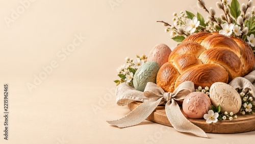 Golden Braided Easter Loaf with Embossed Ceramic Eggs and Blossoms